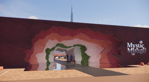 Mzllah - Mystic Mirage is an immersive Emirati-inspired coffee pop-up design by Studio Königshausen in Dubai, United Arab Emirates. Within a 9000 sqm space, desert landscapes are reimagined with vibrant colours, mirrors, and contemporary designs, offering an arty twist to traditional elements.